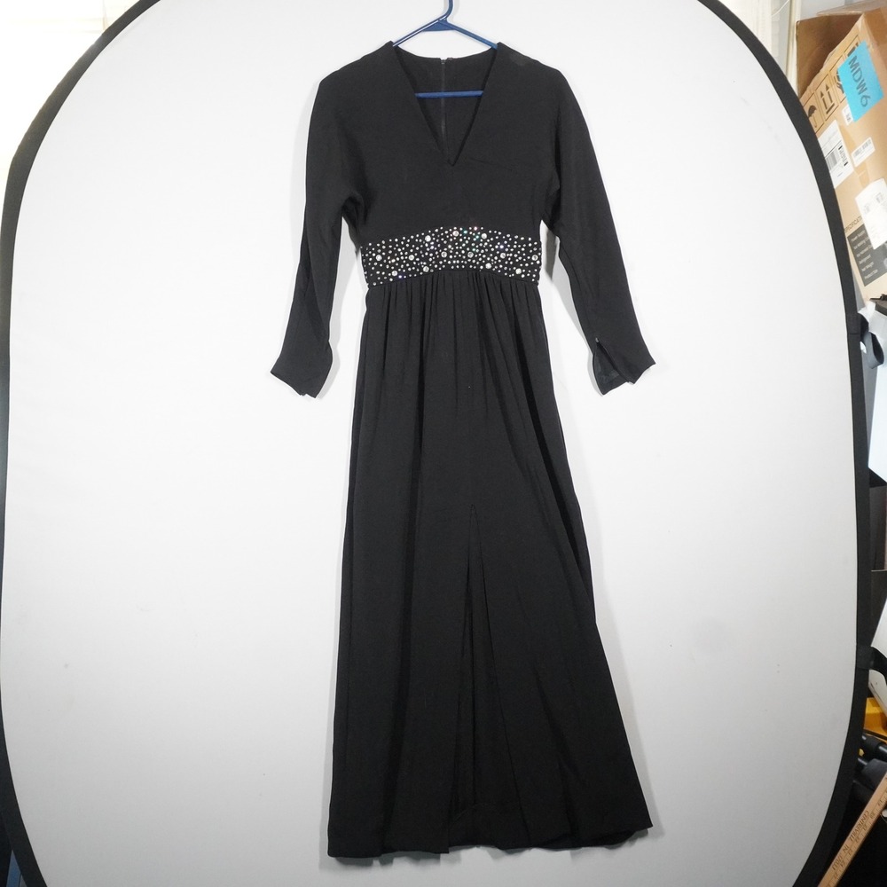 Vintage Style Maxi Dress Women XS Black Rhinestone Empire Waist Evening Gown